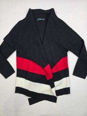 Lauren Ralph Lauren Large 100% Wool Open Front Cardigan Striped Black/Red/White